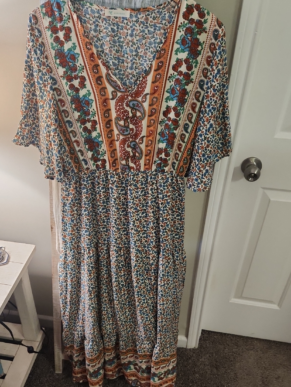 Boho Floral Maxi Dress in Cream, Blue & Rust